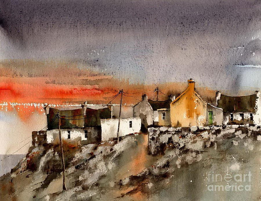 Red Sunset on Dugort, Achill, Mayo Painting by Val Byrne