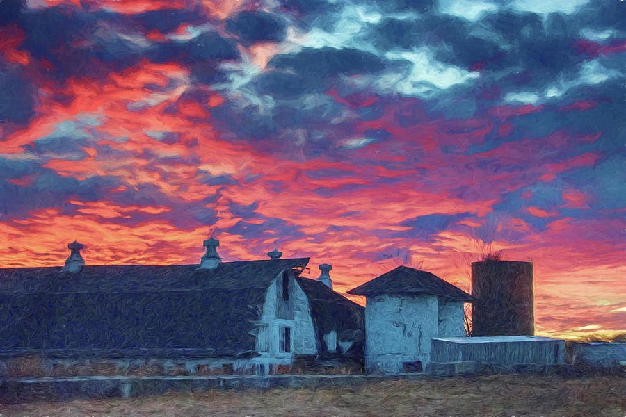 Red Sunset over a barn Photograph by Alan Goldberg