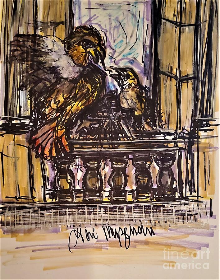 Red Tail Hawks Nesting In Michigan Central Station Mixed Media