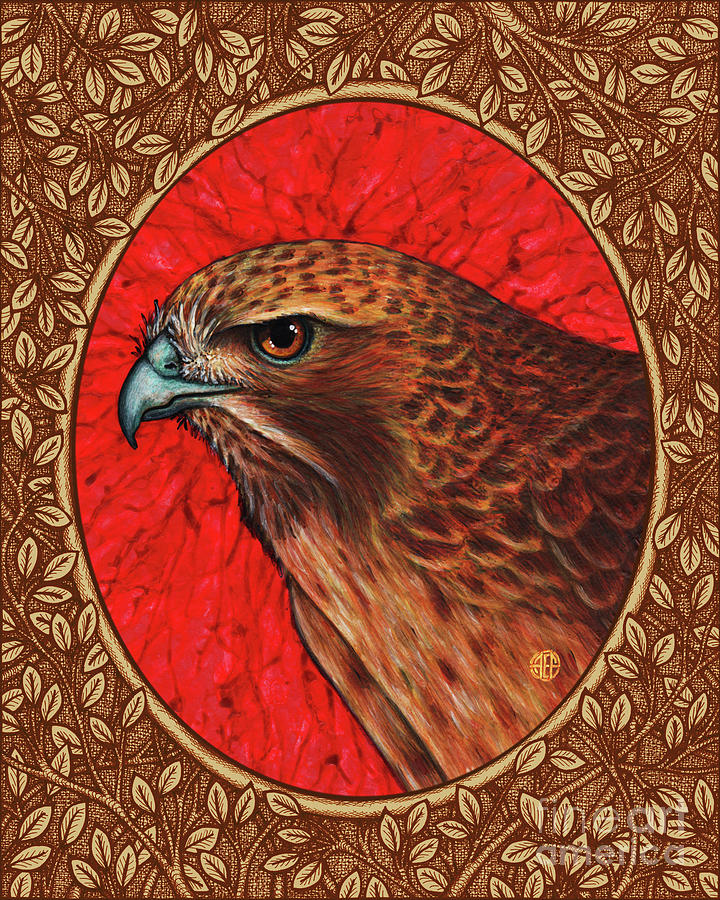  Red Tailed Hawk Portrait - Brown Border Painting by Amy E Fraser
