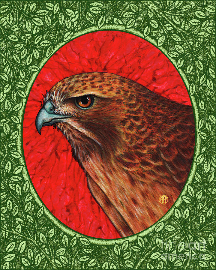 Red Tailed Hawk Portrait - Green Border Painting by Amy E Fraser