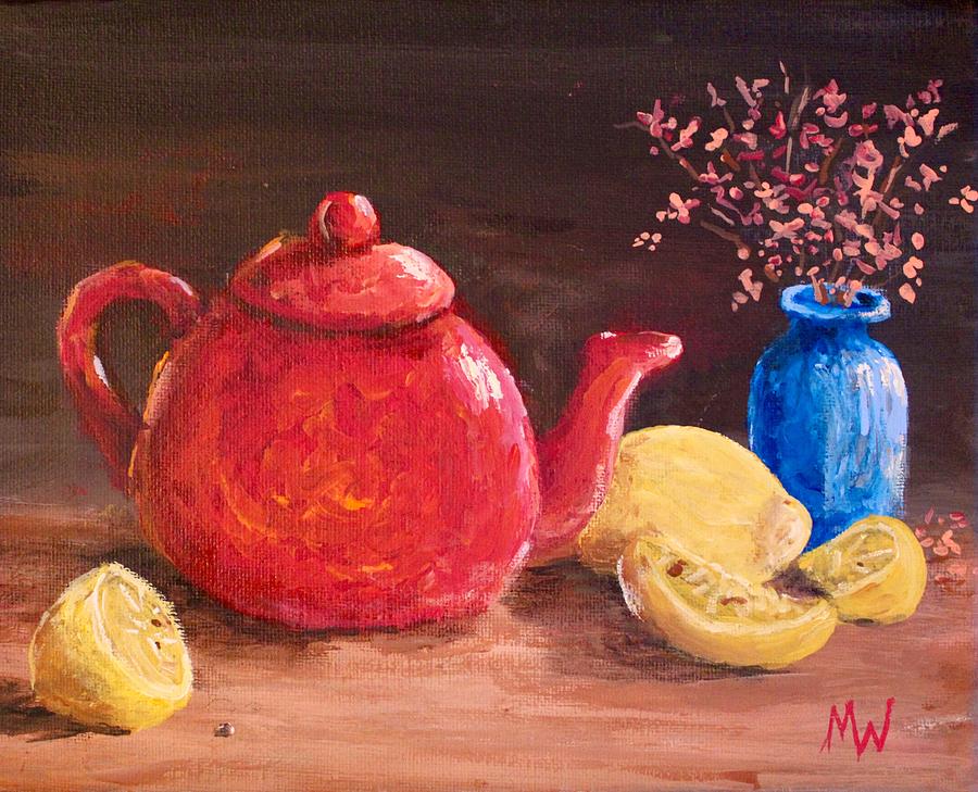 Red teapot with lemons Painting by Megan Walsh