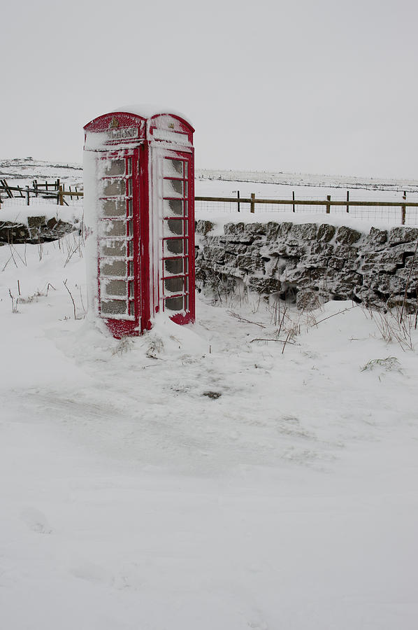 Red Telephone Box Covered In Snow I Photograph