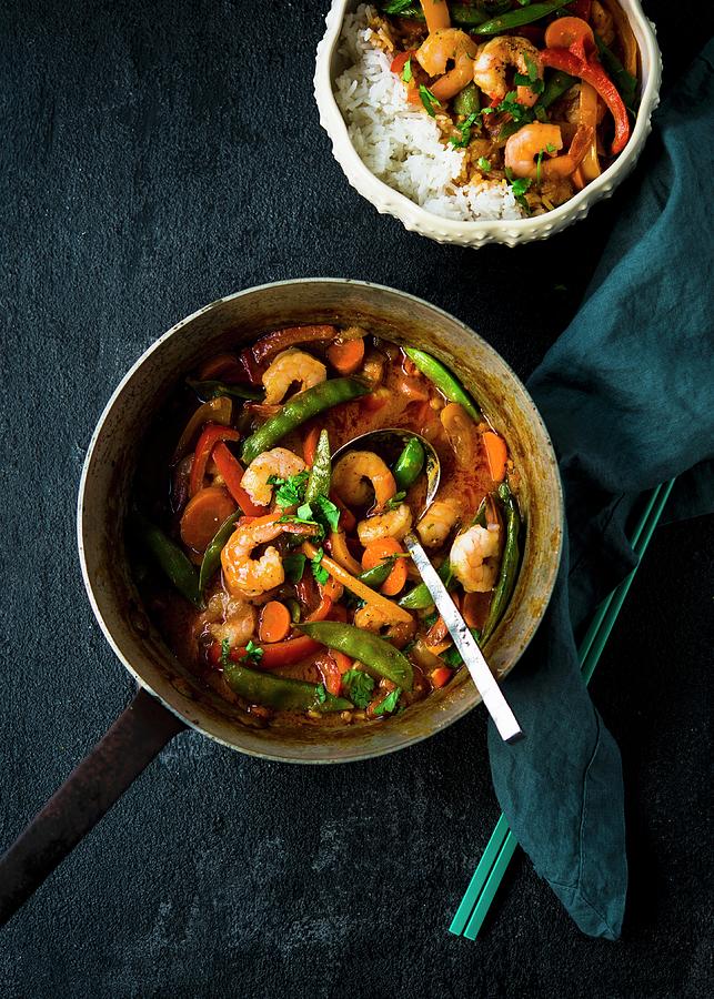 Red Thai Curry With Prawns, Vegetables And Rice Photograph by Lisa Rees