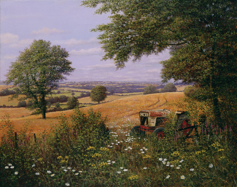 Red Tractor Painting by Bill Makinson