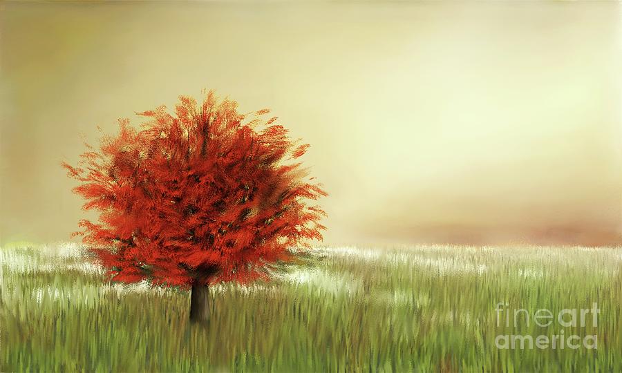 Red tree at the prairie Painting by Ana Borras