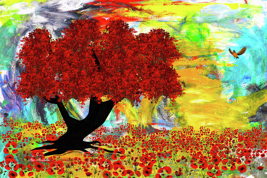 Robin Mixed Media - Red Tree by Ata Alishahi