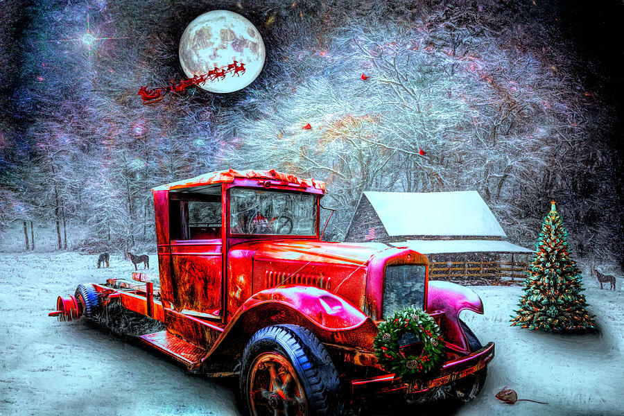 Red Truck on Christmas Eve  Photograph by Debra and Dave Vanderlaan