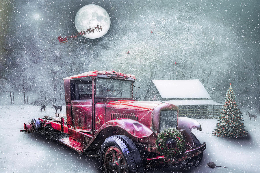 Red Truck on Christmas Eve in the Snow Photograph by Debra and Dave Vanderlaan