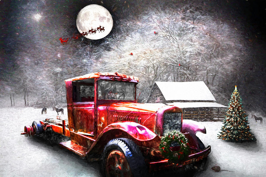 Red Truck on Christmas Eve Oil Painting Photograph by Debra and Dave Vanderlaan