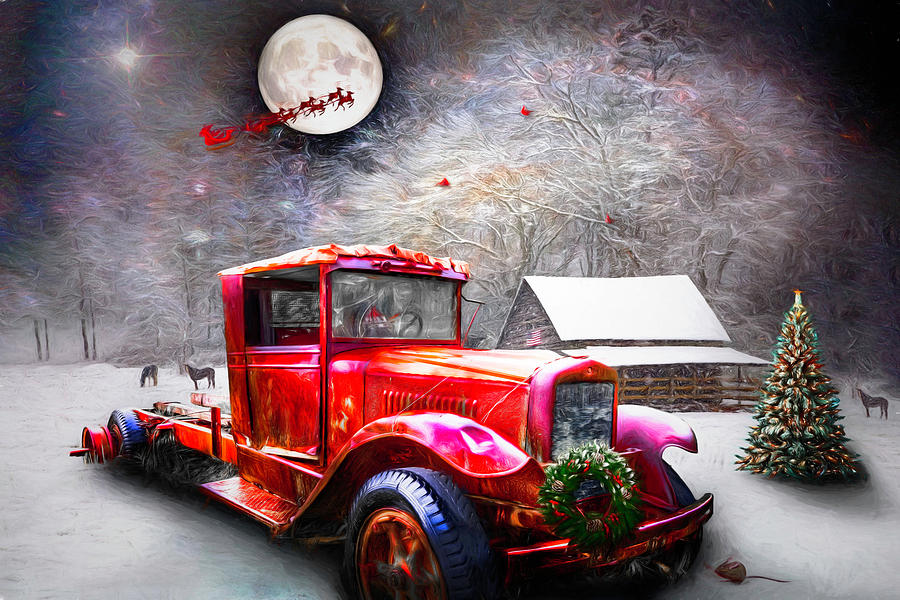 Red Truck on Christmas Eve Painting  Photograph by Debra and Dave Vanderlaan