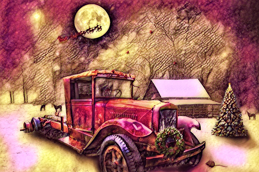 Red Truck on Christmas Eve Reds and Golds Digital Art by Debra and Dave Vanderlaan