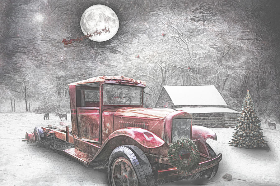 Red Truck on Christmas Eve Sketch Photograph by Debra and Dave Vanderlaan