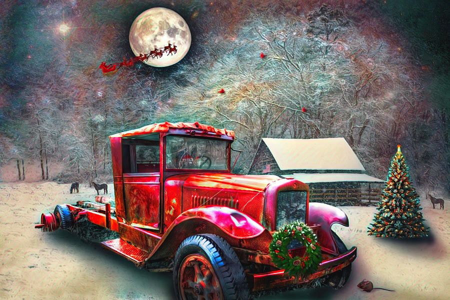 Red Truck on Christmas Eve Watercolors Photograph by Debra and Dave Vanderlaan