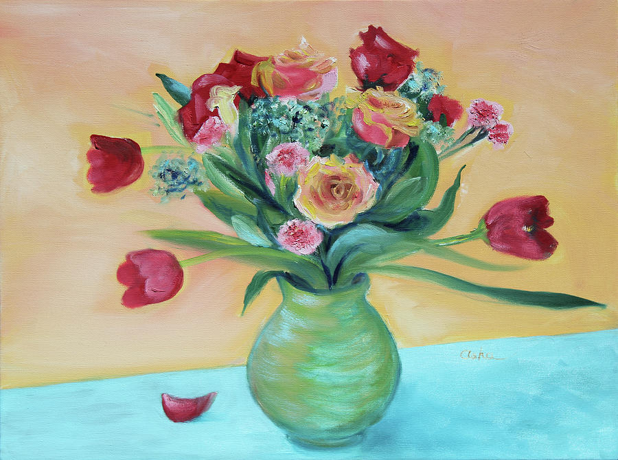 Red Tulips and Roses in a Vase Painting by Asha Carolyn Young