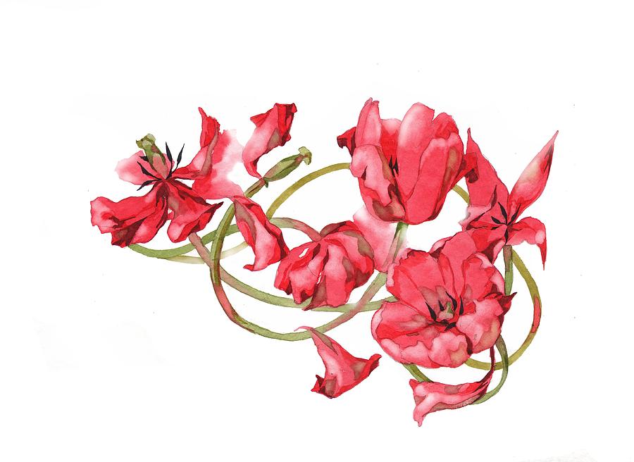 Red Tulips Vignette Painting by Ina Petrashkevich