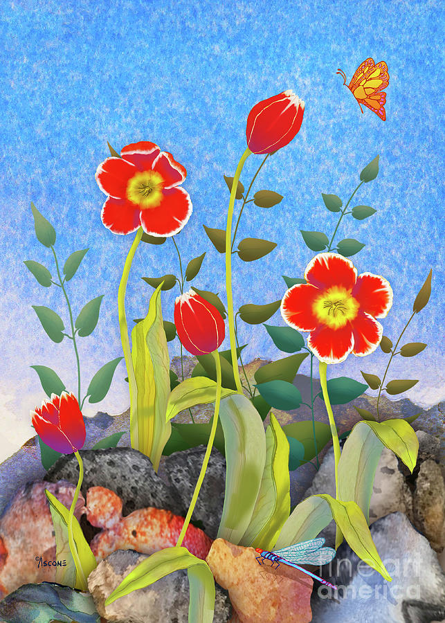 Red Tulips with Rocks Painting by Teresa Ascone