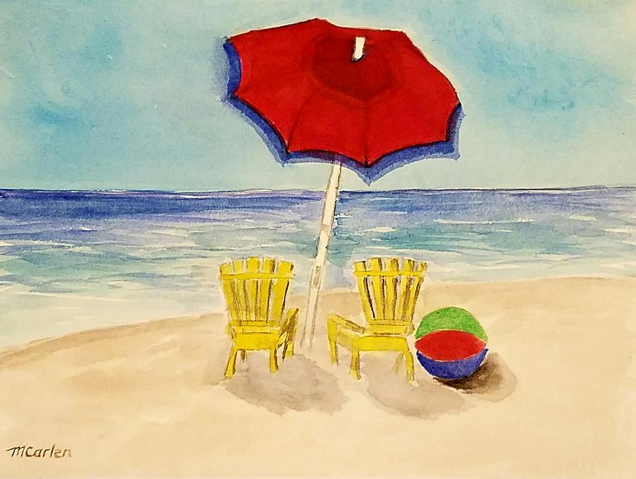 Red Umbrella Beachside Painting by M Carlen - Fine Art America