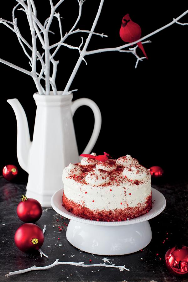 Red Velvet Cake On A Pedestal Dish With Christmas Ornaments Photograph by Strokin, Yelena