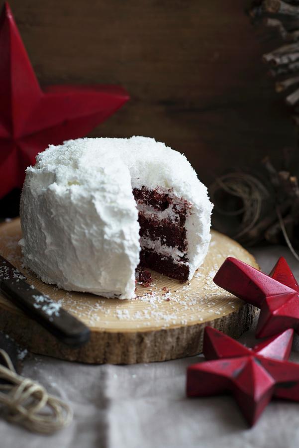 Red Velvet Cake With Coconut, Cut To Reveal The Centre for Christmas Photograph by Veronika Studer