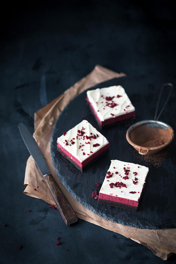 Red Velvet Cheesecake Brownies On A Slate Platter Photograph by Malgorzata Laniak
