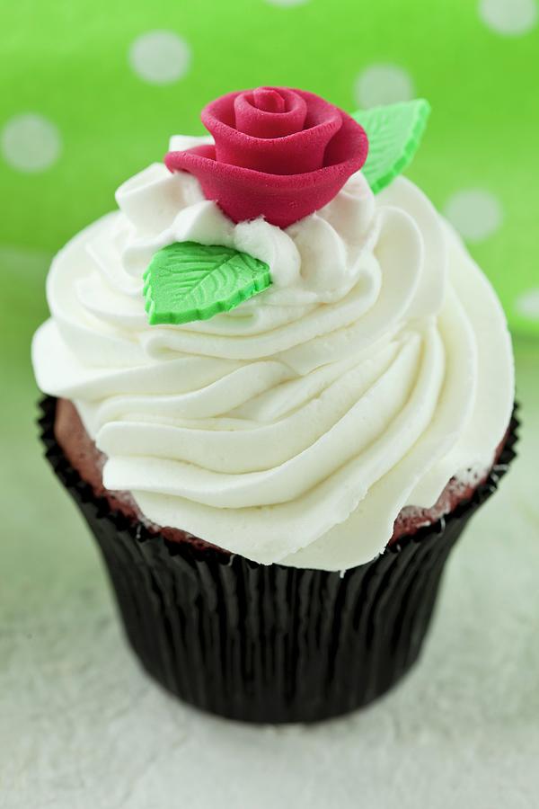 Red Velvet Cupcake With Cream Cheese Frosting And A Sugar Rose, For A Wedding Photograph by Creative Photo Services