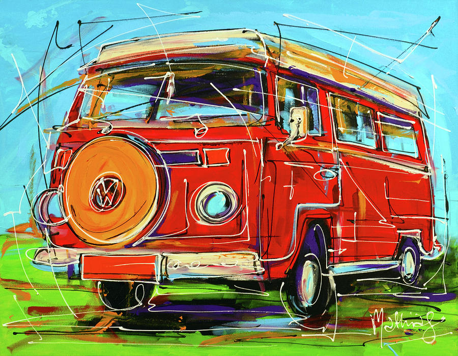 Red VW bus Painting by Mathias Kleien Atelier Online | Fine Art America