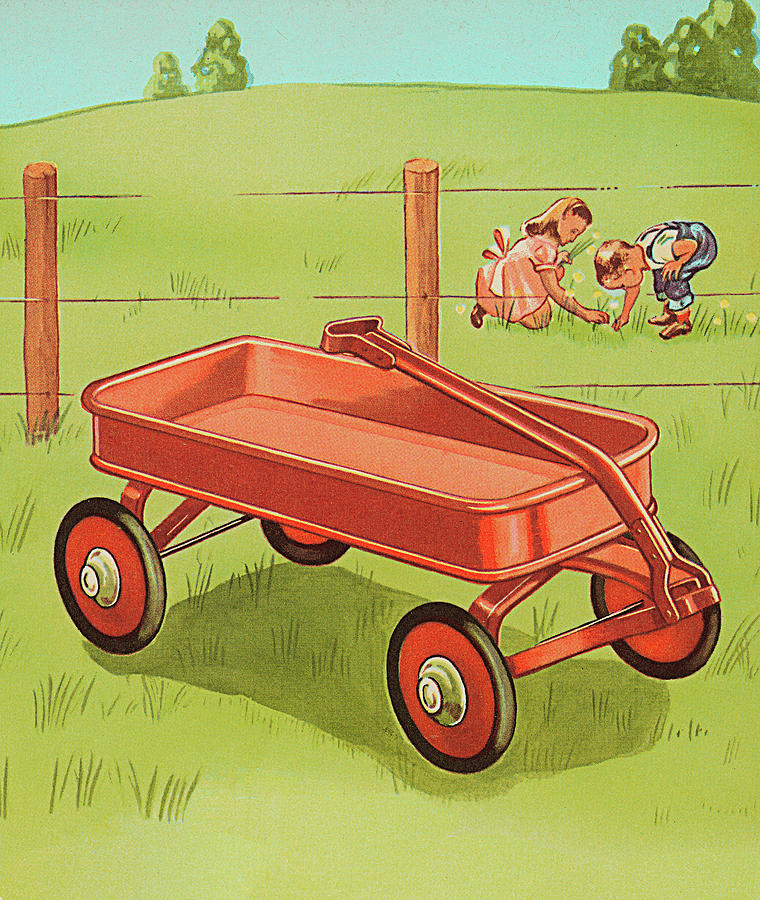 Nature Drawing - Red Wagon and Children Picking Flowers by CSA Images