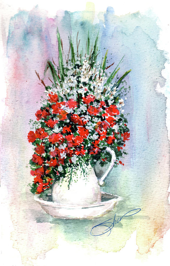 Flower Mixed Media - Red-white Flowers Sketch by Sher Sester
