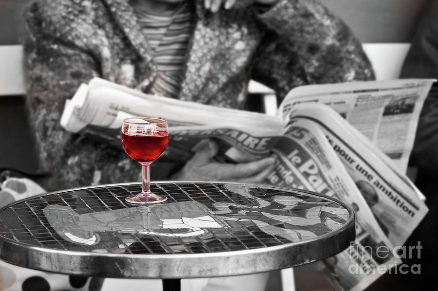 Wine Photograph - Red wine and newspaper in Paris by Delphimages Paris Photography