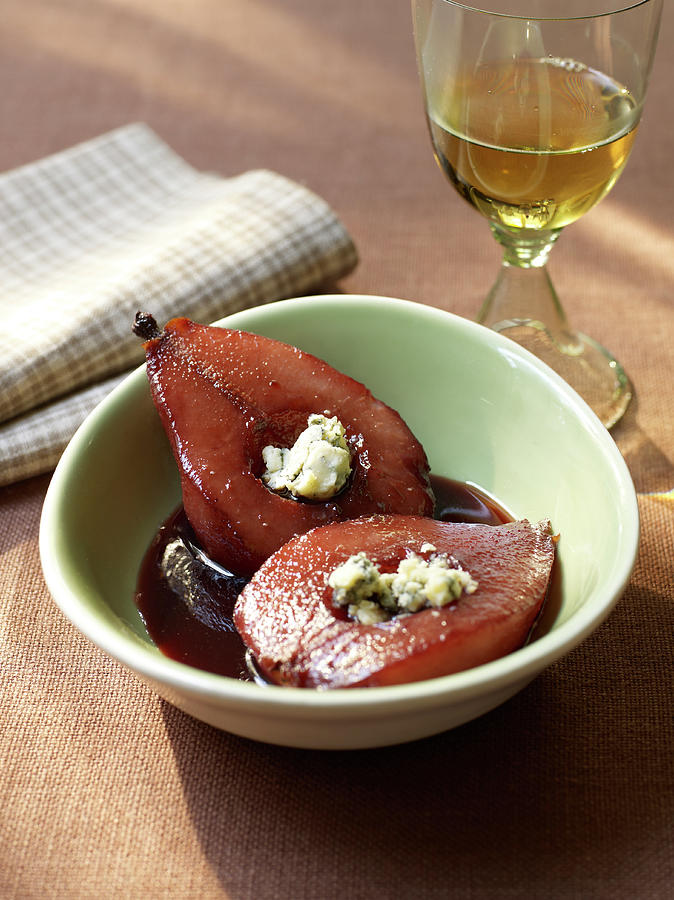 Red Wine Poached Pears With Stilton Photograph by James Baigrie Red Wine Poached Pears With Stilton Photograph by James Baigrie