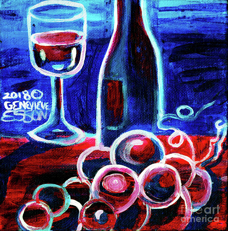 Red Wine And Grapes With Blue Backgroundwine, wine lovers, purple, sweet pea, abstract, wine glass, Painting by Genevieve Esson