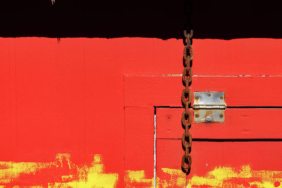 Red Wooden Structure With Door Hinge And Chain Digital Art by Laura Diez