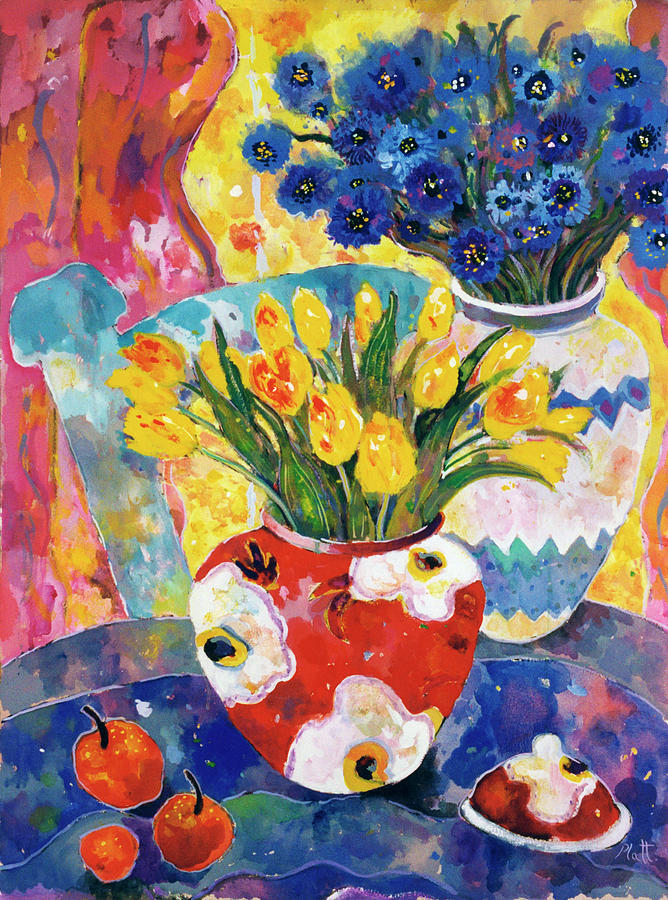 Redvase Of Yellow Tulips Painting by Lorraine Platt