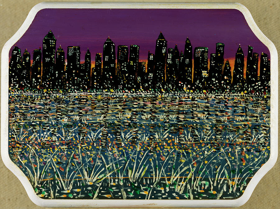 Reeds In Foreground New York Skyline Painting by Peter Sickles