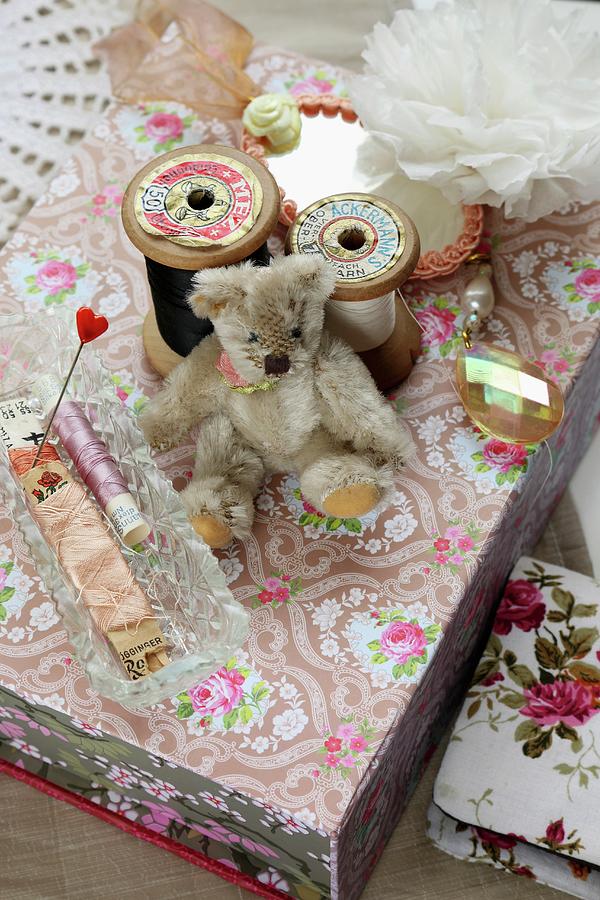 Reels Of Thread And Small Teddy Bear From Flea Market Photograph by Regina Hippel