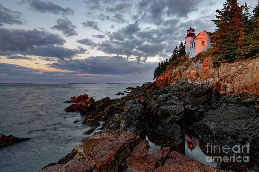 Sunrise at Bass Harbor Lighthouse in Acadia National Park Photograph by Tom Schwabel