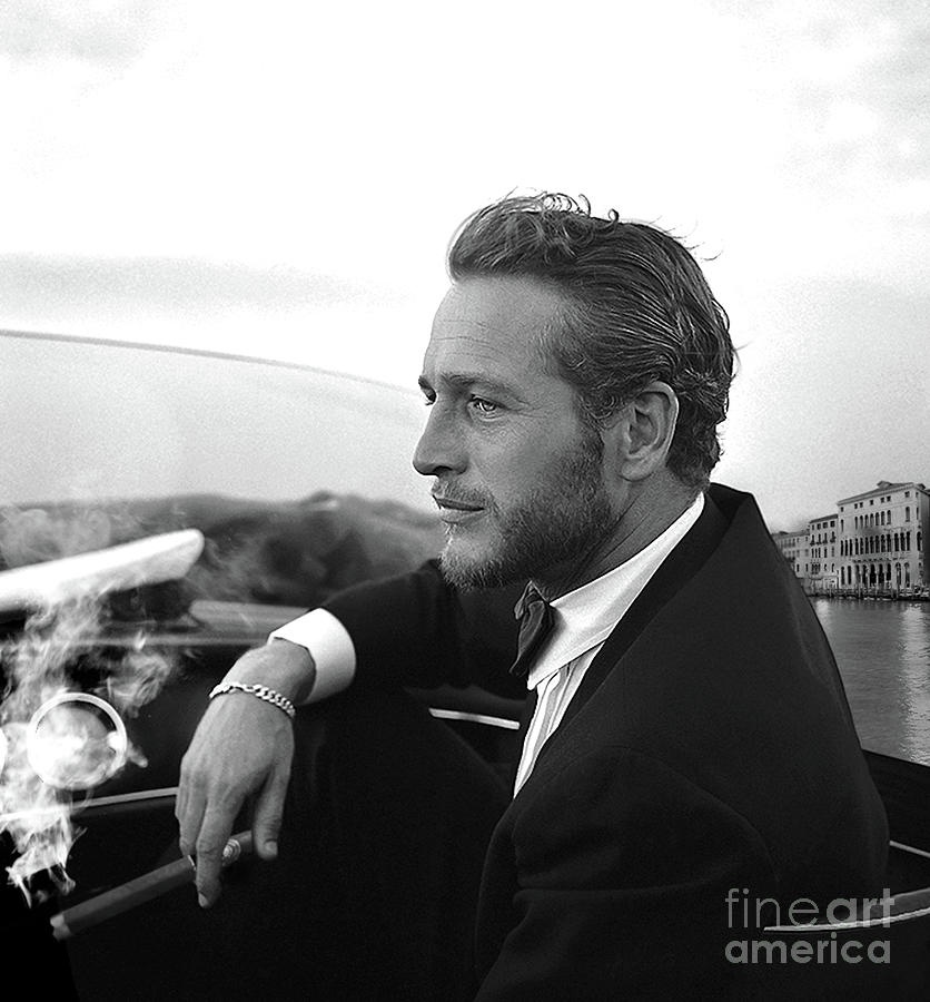 Paul Newman Mixed Media - Reflecting, Paul Newman, movie star, cruising Venice, enjoying a Cuban cigar, black and white by Thomas Pollart