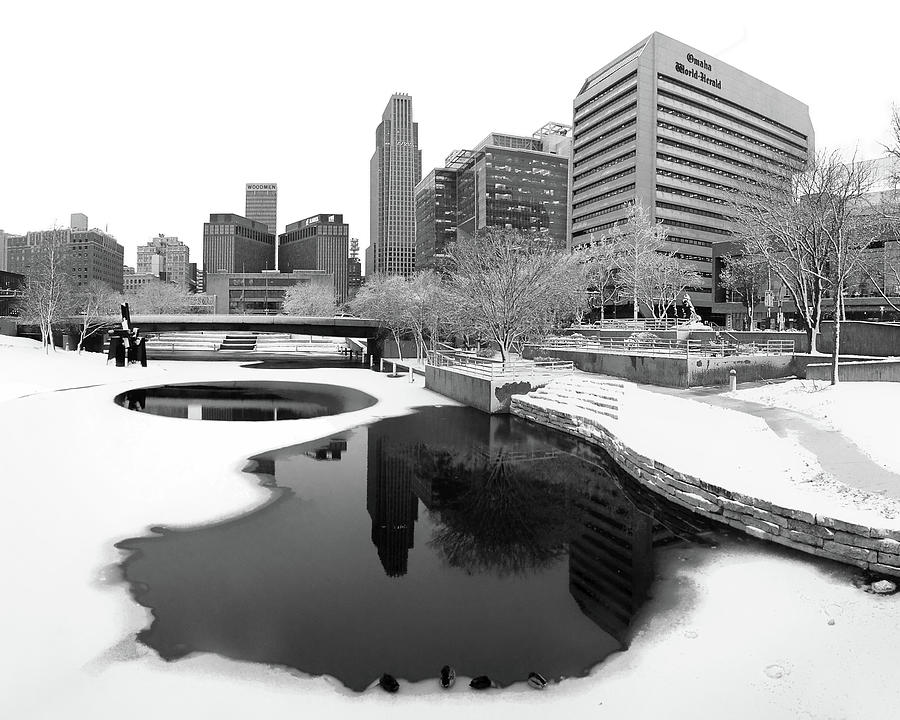 Reflection of Omaha - Winter - Black and White Photograph by Nikolyn McDonald