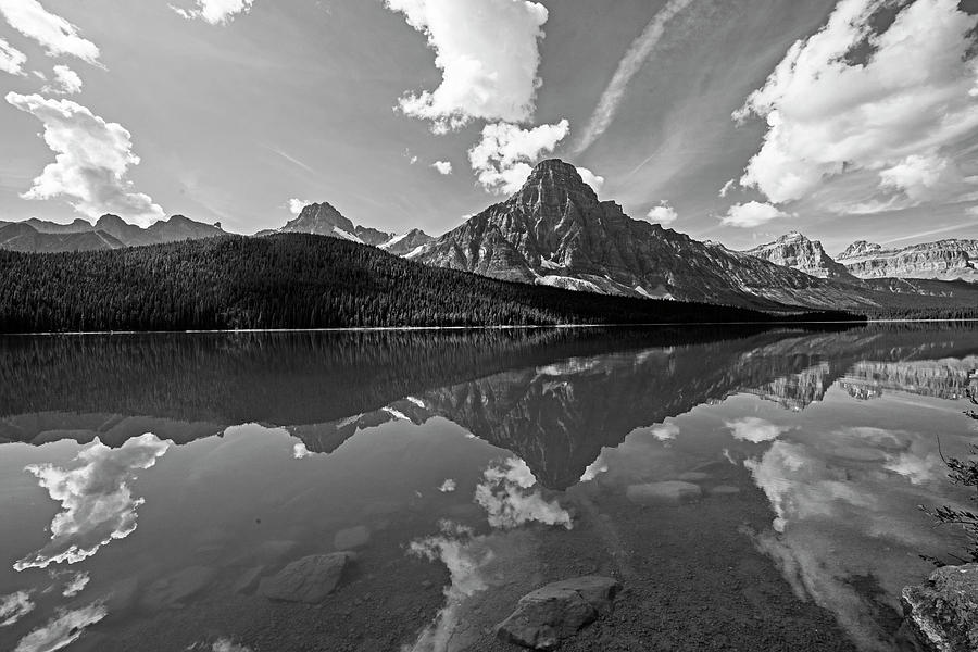 Reflection on Waterfowl Lake Banff National Park Alberta Canada Black and White Photograph by Toby McGuire