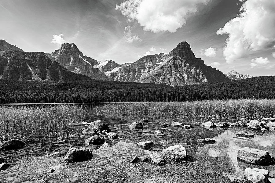 Reflection on Waterfowl Lake Banff National Park Alberta Canada Rocky Black and White Photograph by Toby McGuire