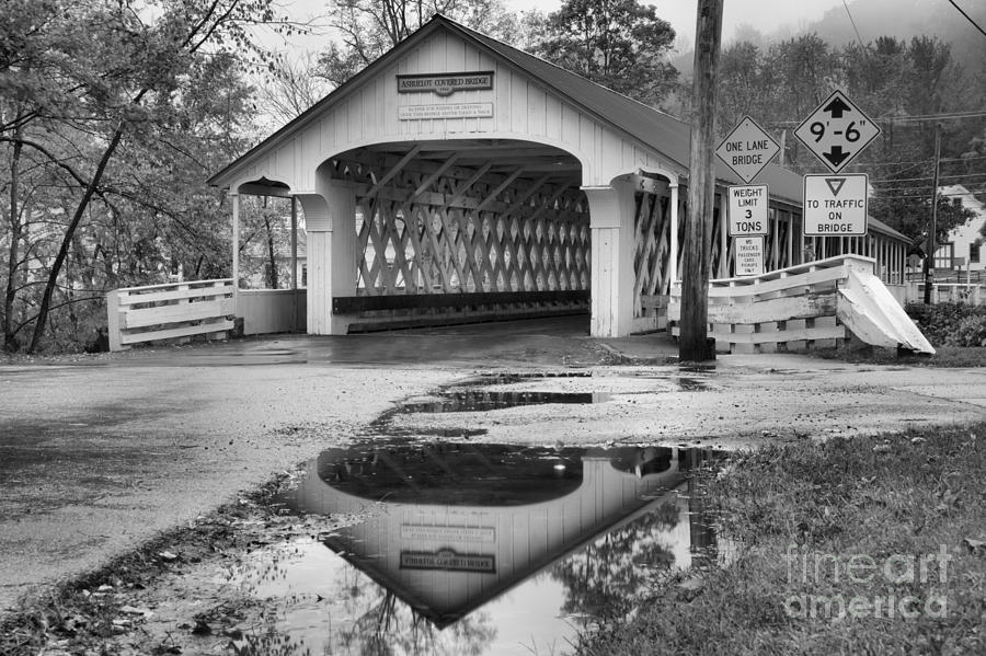 Reflections Of The Ashuelot Covered Bridge Black And White Photograph by Adam Jewell