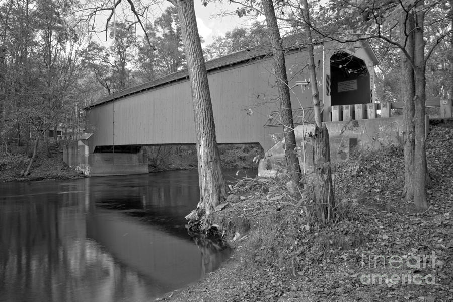 Salem Photograph - Reflections Of The Eagleville Covered Bridge Black And White by Adam Jewell