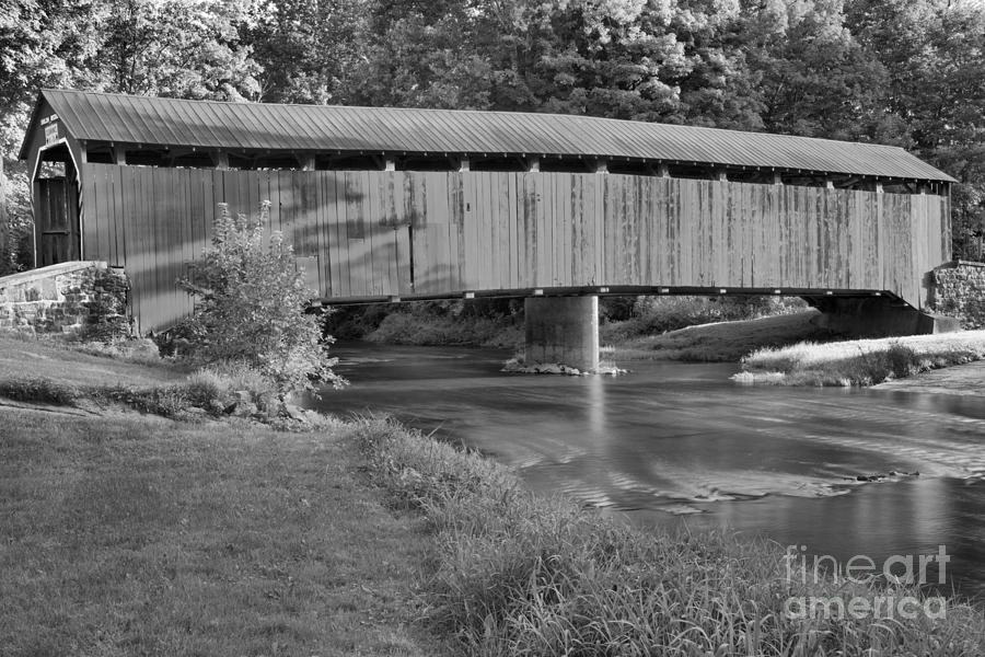 Reflections Of The Enslow Covered Bridge Black And White Photograph by Adam Jewell
