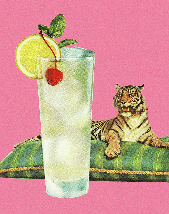 Vintage Drawing - Refreshing Beverage and a Tiger on a Pillow by CSA Images