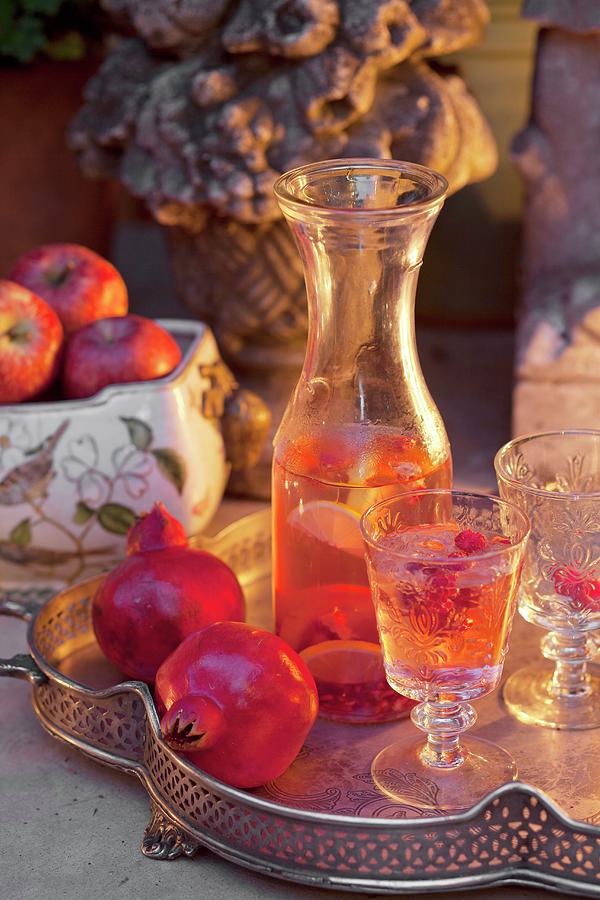 Refreshing Drinks And Pomegranates On Vintage Silver Tray Photograph by Great Stock!