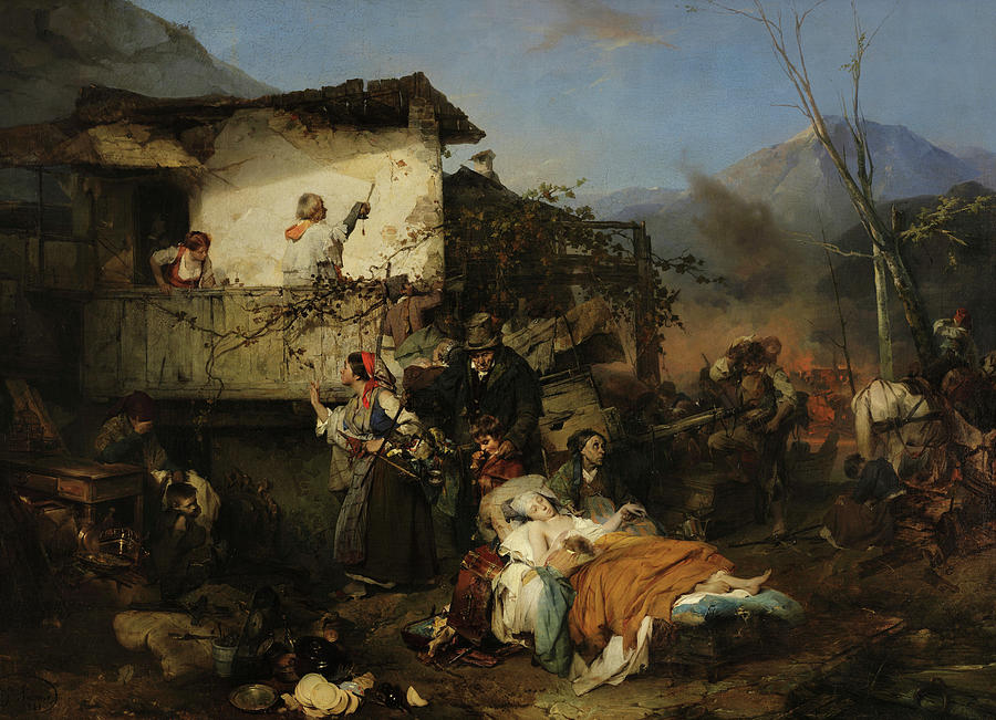 Refugees from a Burned Village, The Village Fire Painting by Domenico Induno