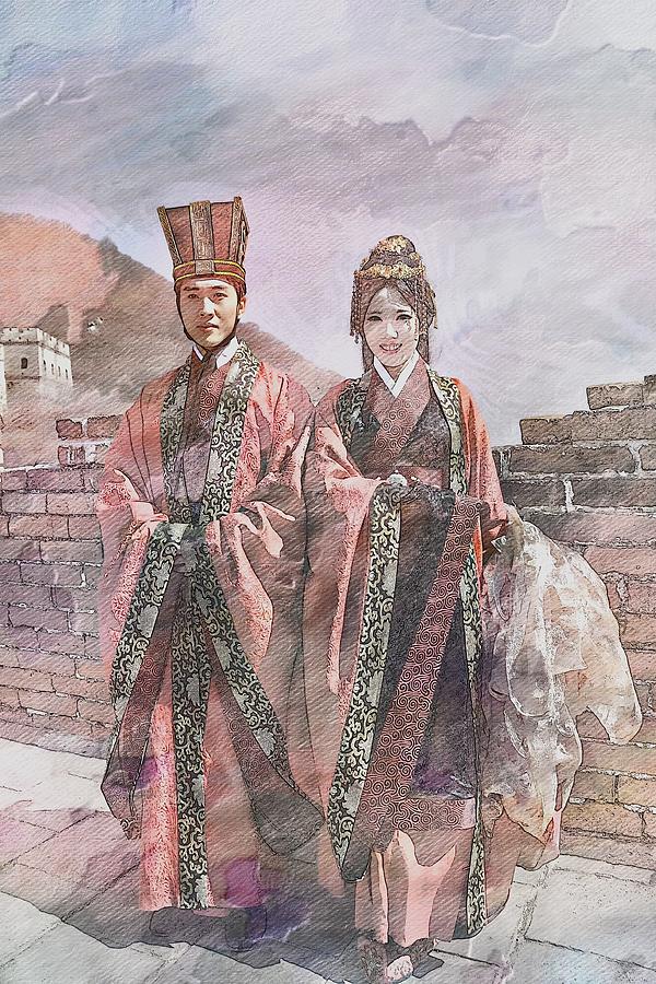 Brick Digital Art - Regal Couple At The Great Wall In Watercolor by Toni Abdnour