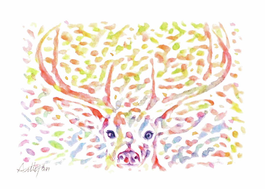 Christmas,Reindeer,Mule,Deer,Antler,Elk,Head,Woodland,Watercolor,Colourful,Dazzling,Hand-painted Painting by Artto Pan