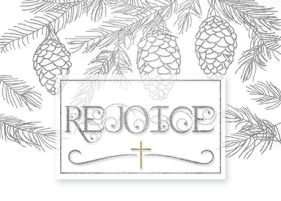 Rejoice Christian Christmas Typography with Silver Pine Branches  Digital Art by Doreen Erhardt